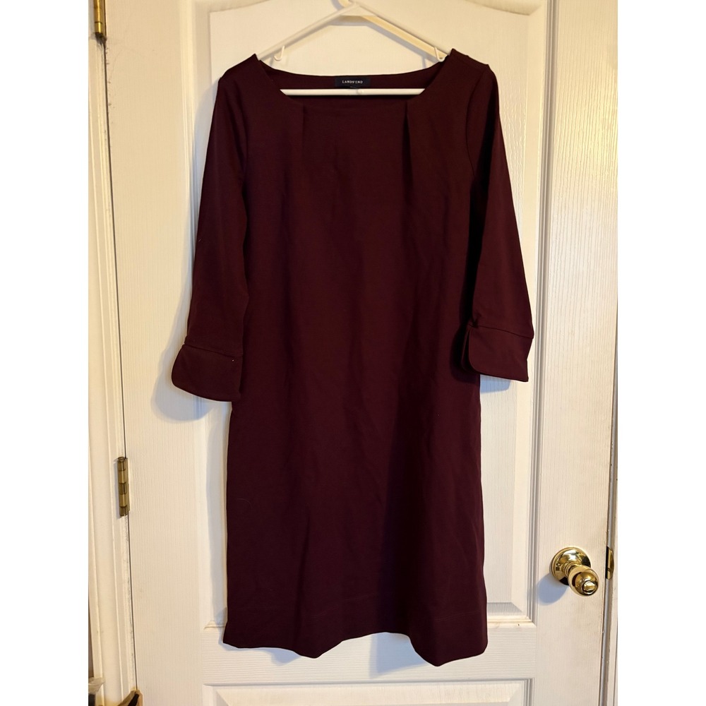 Lands' End Sheath Dress Women 8 Burgundy 3/4 Sleeve Tulip‎ Cuff Ponte Career